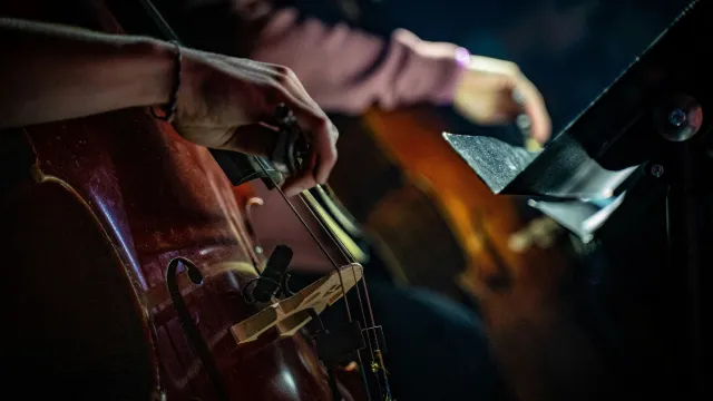 A close-up view of a hand plucking a cello